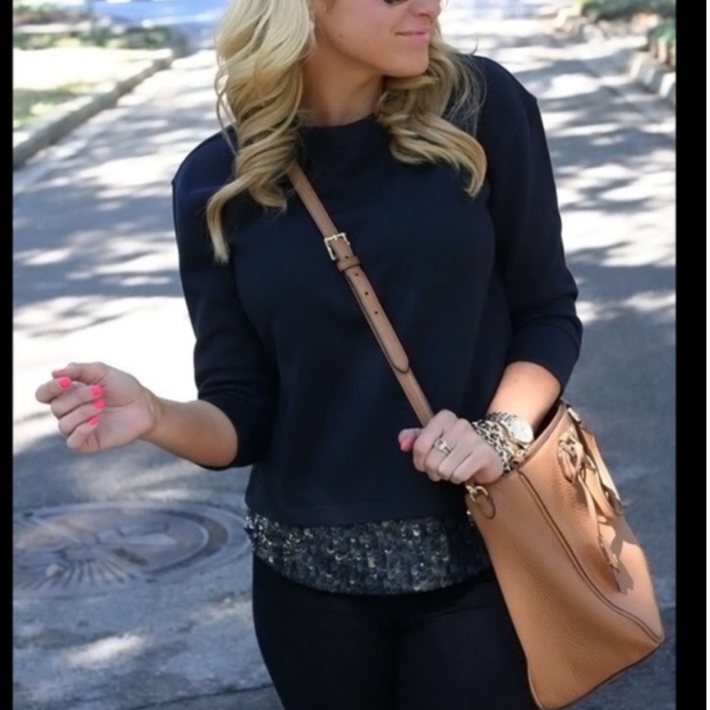 J. Crew Sequin Holiday Cropped Sleeve Navy Crewneck Preppy Chic Sweater